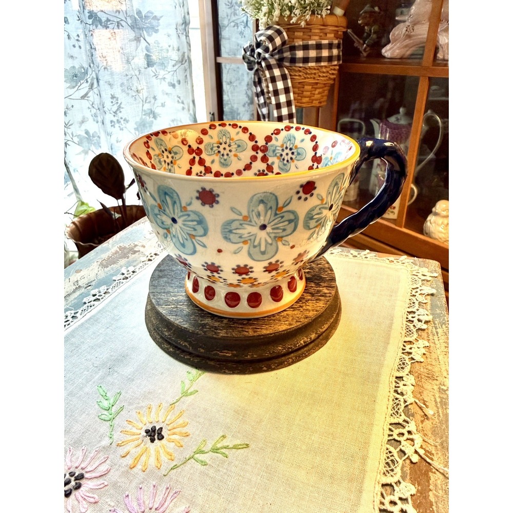 Anthropologie Elka Ayaka Floral Footed Pedestal Mug /Cup Twist Handle Painted